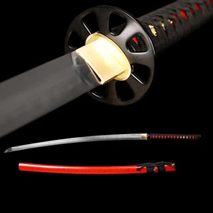 Katana Samurai Sword Clay Tempered T10 Steel Real Hamon Razor Sharp Red Saya - Picture 1 of 15