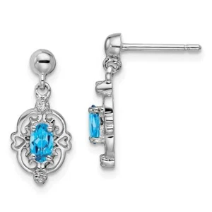 925 Sterling Silver Swiss Blue Topaz Diamond Dangle Earrings - Picture 1 of 4