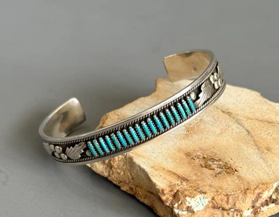 ZUNI Dave Celia Nieto Sterling Silver Sleeping Beauty Turquoise Needlepoint Cuff - Image 1 of 4