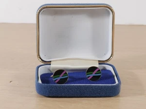Gemelli vintage Stratton smaltati neri con strisce rosa verde blu in scatola - Foto 1 di 6