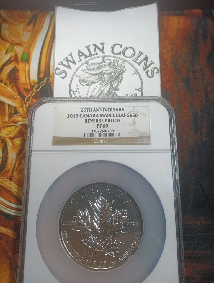 Plata Canadá 2013 $50 hoja de arce 25 aniversario 5 oz NGC PRUEBA INVERSA 69 Foto 1 de 4