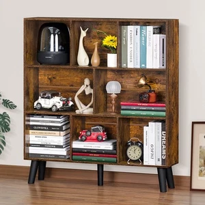 8 Cube Bookshelf,3 Tier Bookcase with Legs,Rustic Brown Mid-Century Modern Bo... - Picture 1 of 8