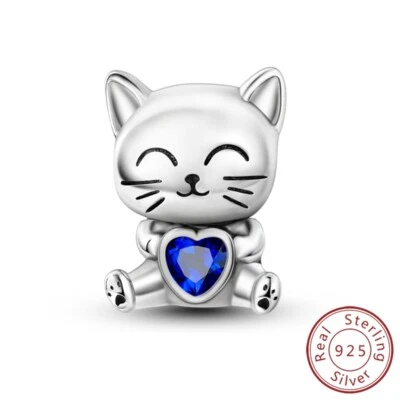 MULA Frauen 925 Sterling Silber Charm CZ Emaille Nette Katze Herz Für Armband - Bild 1 von 4