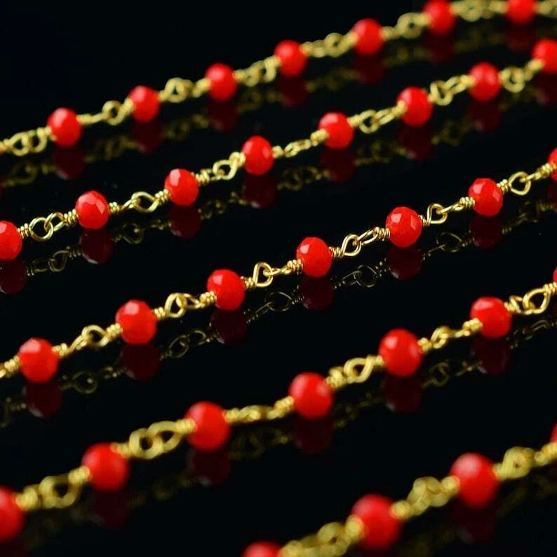 Cadena de rosario con cuentas hidráulicas de coral rojo facetado Rondelle de 3-4 mm para hacer joyas de 3 pies Foto 1 de 4