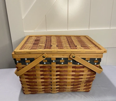 Picnic Basket Americana Lined with Blue fabric with White Stars Cover