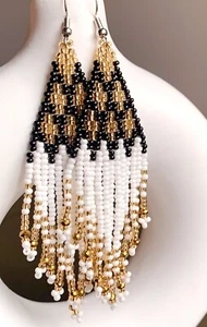 Gold White Black Glass Seed Bead Hand Beaded Chandelier Tassel Dangle Earrings - Picture 1 of 3