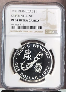 1972 BERMUDA SILVER 1 DOLLAR SILVER WEDDING NGC PF 68 ULTRA CAMEO RARE GEM PROOF - Picture 1 of 3