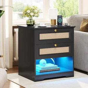 Rattan Nightstand w/Charging Station & 2 Storage Drawers LED Bedside Table Black - Picture 1 of 7