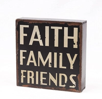 Rustic Box Sign Decor with Saying Faith Family Friends Wood Plaque Hanging Wall  - Image 1 of 4