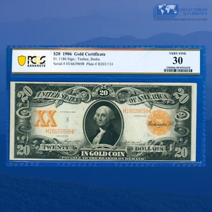 Fr.1186 1906 $20 Twenty Dollars Gold Certificate Gold Seal, PCGS VF 30 #39698 - Picture 1 of 3