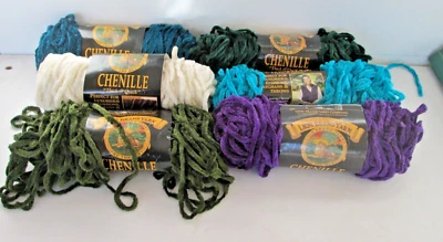 6 Skeins Lion Brand Chenille Thick & Quick Yarn Cream Green Purple Teal #6 25+oz - Image 1 of 4