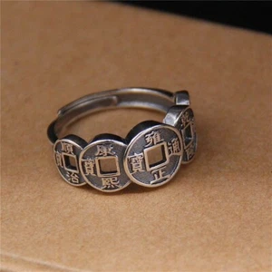 Chinese Sterling Silver Band Men Women Lucky Five Emperors Coin Ring - Picture 1 of 4