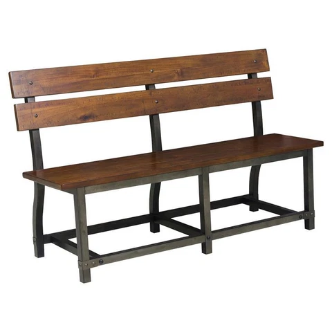 Lexicon Holverson Wood Dining Room Bench with Back in Rustic Brown and Gunmetal Cover