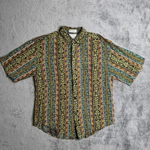 Vintage Goouch Rayon Shirt Mens L Button Up Hawaiian Print Striped Geometric - Picture 1 of 4