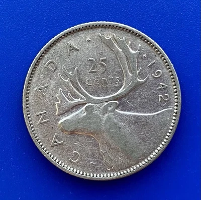 1942 Canada 25 Cents 0.800 Silver Coin Very Good Condition - FREE Shipping - Image 1 of 2