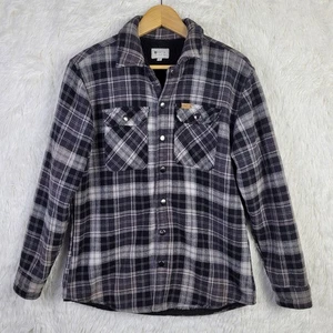 Med Matix Mens Gray Plaid Sherpa Fleece Lined Snap Flannel Shirt Jacket Shacket - Picture 1 of 9