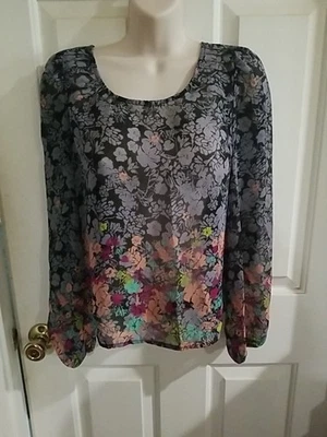 XHILARATION PUFF MANGA LARGA NEGRO FLORAL TRANSPARENTE BLUSA CAMISA TOP X- PEQUEÑO Foto 1 de 4