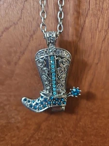 Silver Plated Genuine Crystal Cowboy Boot With Blue Accents Pendant W/ 18" Chain - Picture 1 of 6