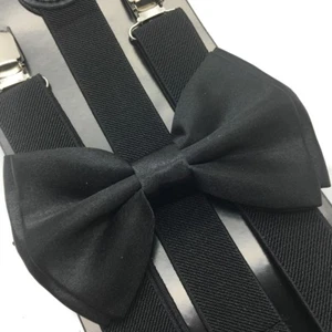 Black Clip on Bow-Tie & Suspender Set Tuxedo Wedding Formal Prom (USA Seller) - Picture 1 of 2