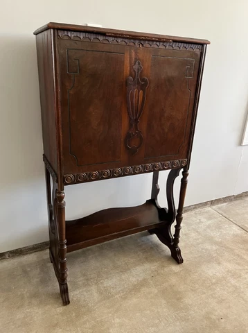 Antique 19th C. Art Nouveau Inlaid Flame Mahogany Secretary Drop Desk Cover