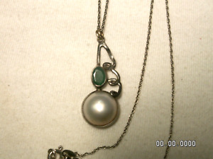 Sterling Silver, Chrysoprase, Mabe Pearl Pendant Necklace