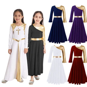 Girls Metallic Gold Praise Dance Dress Liturgical Worship Dancewear Full Length - Picture 1 of 50