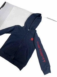 Carhartt Hoodie Sweatshirt Boys Size 6 Navy Blue Full Zip Red Spell Out Arm - Picture 1 of 14