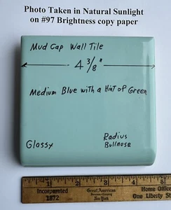 1pc. Blue + hint of green: Radius Bullnose Ceramic Tile 4-3/8": Glossy, Mud Cap - Picture 1 of 7
