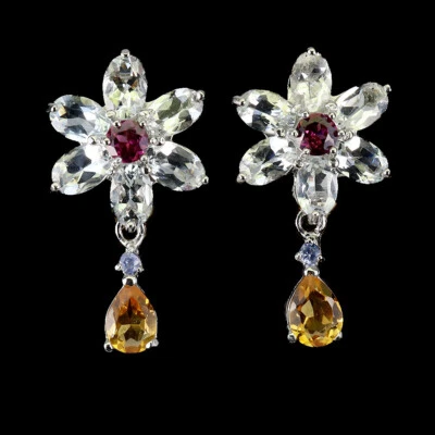 925 Sterling Silver Earrings Pear Citrine Aquamarine Tanzanite Gemstone Jewelry - Image 1 of 4
