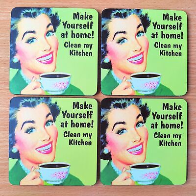 Make Yourself At Home! Clean My Kitchen - Set Of 4 Coasters - Vintage Humour • 3.99£