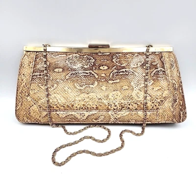 Vtg Argentina Genuine Snakeskin Clutch Purse Evening Bag Gold Tone Chain - Image 1 of 4