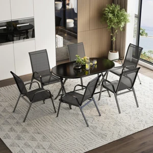 Garden Table Chairs Set Stacking Patio Chairs Bistro Dining Table & Parasol Hole - Picture 1 of 51