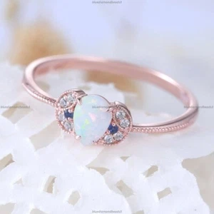 Anello Matrimonio Oro Rosa Rosa 14k Fascia Diamante Opalite Naturale Milgrain Gioielli - Foto 1 di 7