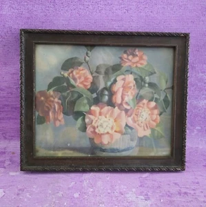 Arte floral enmarcado vintage planta flores de coral en maceta firmado Louis F Dow 9,5"x8" - Imagen 1 de 5
