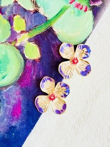 Purple White Flower Four Petals Enamel Dragonfly Clip Earrings Gold Women Her - Picture 1 of 6