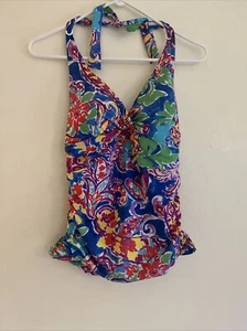Lauren Ralph Lauren Womens Tankini Swim Top Size 8 Blue Paisley Bikini swimsuit - Picture 1 of 9