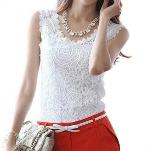 Sexy Camiseta sin mangas negra/blanca sin mangas chaleco de ganchillo de encaje talla grande para mujer - Imagen 1 de 9