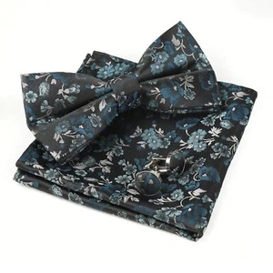 Mens Floral Pattern Pre-tied Bow Tie Pocket Square and Cufflinks Set Black+Teal - Picture 1 of 5
