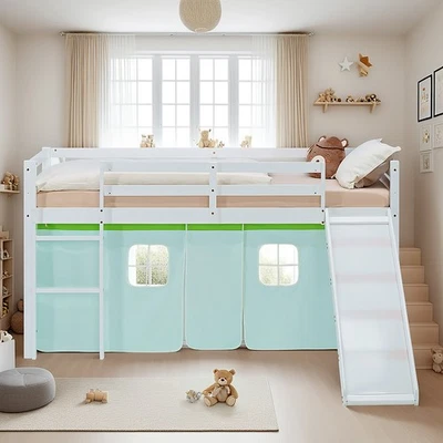 Lit mezzanine d'enfant 90x200 avec sommier toboggan lit vert clair Homestyle4u - Photo 1/4