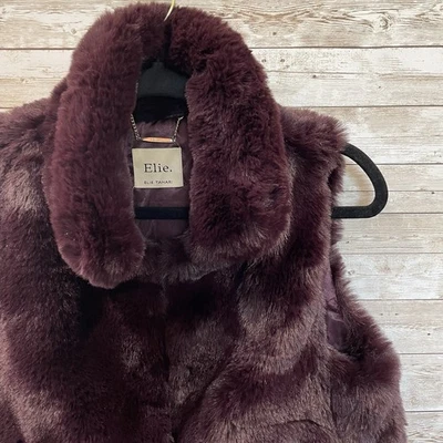 Elie Tahari Womens S Vest Faux Fur Merlot Hidden Hooks Collared Gilet Pockets - Image 1 of 4