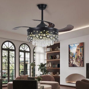 42" Crystal Chandelier Retractable Ceiling Fan LED 3Color Changes Remote 3Speeds - Picture 1 of 14