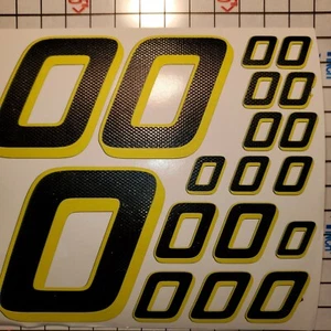 Matte Black-w/Gloss Carbon Fiber yellow #0's Racing Numbers Vinyl Decal Sheet Rc - Picture 1 of 11