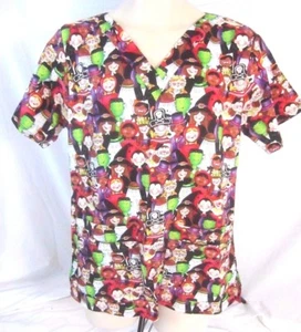 Halloween Womens V Neck Uniform Scrub Top Sz Small Ghosts Pirates CB17A - Picture 1 of 5