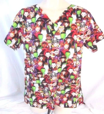 Halloween Womens V Neck Uniform Scrub Top Sz Small Ghosts Pirates CB17A - Image 1 of 4