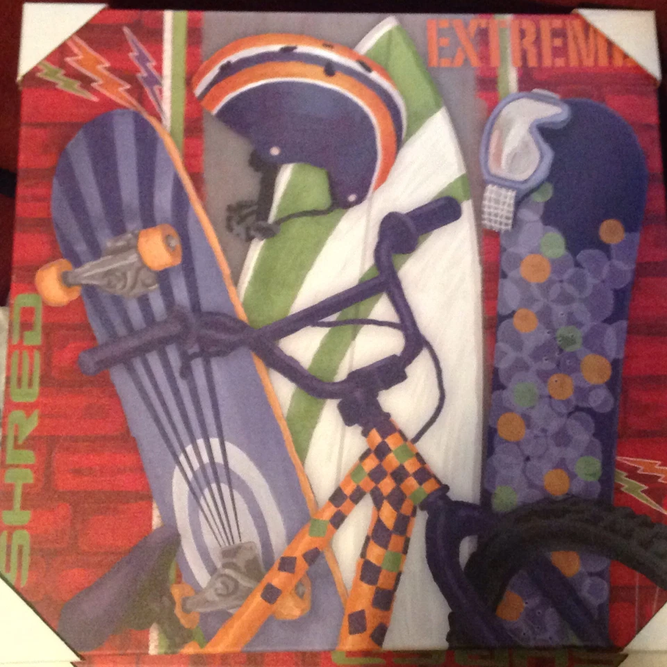 CIRCO WALL CANVAS BIKES BOYS ROOM CYCLES SKATEBOARD NEW OOPSY DAISY BLUE - Image 1 of 1