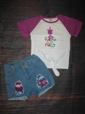 NUOVO Boutique Dinosauro Compleanno Ragazze Jeans Pantaloncini Set 4T - Immagine 1 di 4