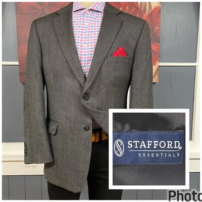 Stafford Tweed Wool Jacket Sport Coat Mens 44R Classic Fit Herringbone Gray - Image 1 of 4
