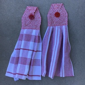 Handmade Hanging Kitchen Towel Set, Oven Door,Hand Towel Red Hearts & Stripes - Picture 1 of 4