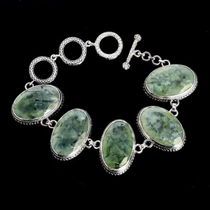 Natural Oval Prehnite Gemstone Link Bracelet Sterling Silver Jewelry Mother Gift - Picture 1 of 7