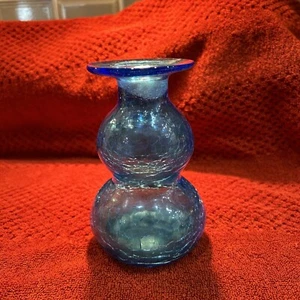 Vintage Crackle Glass Blue Double Bubble Art Glass Vase - Picture 1 of 4